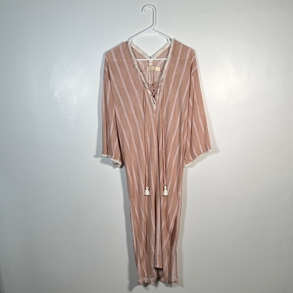 Beachgold Anthropologie Boho Cover Up Midi Dress S Lace Up Tassel - Picture 3 of 14
